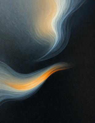 The primary subject of the image is a blue and orange smoke trail. The setting is a dark background, which contrasts with the smoke trail. The visual style is a digital art or illustration, as the smoke appears to be a digital creation. The colors and mood of the image are predominantly blue and orange, creating a dynamic and visually striking scene.